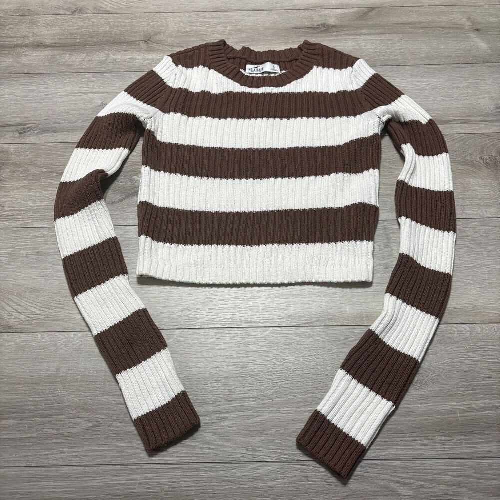 Hollister California Striped Brown Ivory Cropped Chunky Knit Ribbed LS Sweater S